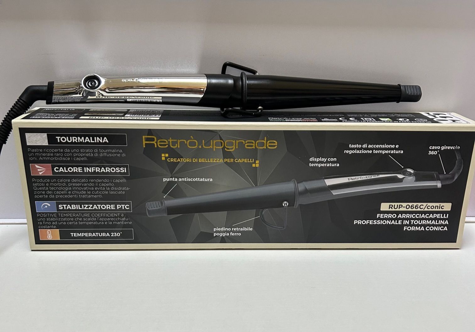 Retrò Upgrade Ferro Arricciacapelli in Tourmaline Forma conica RUP-066C/CONIC